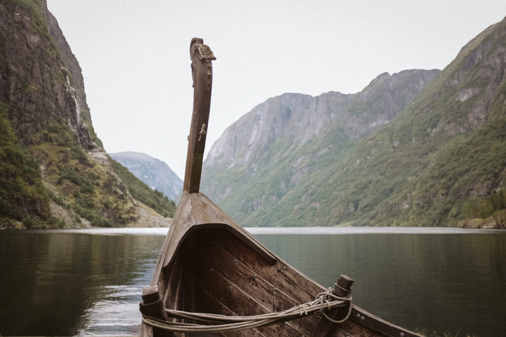 long boat in a fjord in Norway