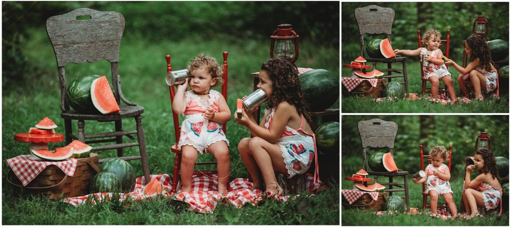 sisters eating watermelon and talking on tin can phones at a Flourish Academy Camera Club. Photo by Laura Mares, a Pittsburgh Lifestyle Photographer