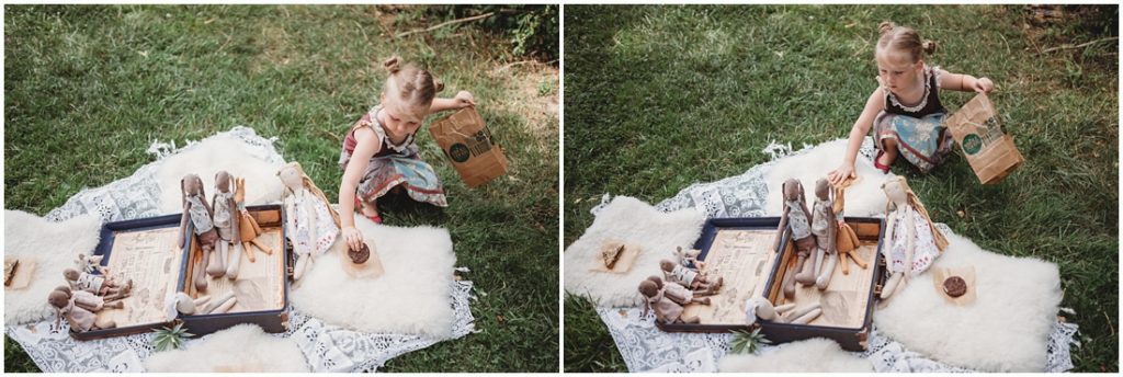 Ella playing and eating cookies with her favorite doll named Tutu. Photo by Laura Mares, a Pittsburgh Child Photographer.