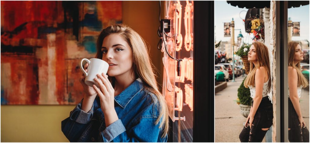 Senior photos at uptown coffee in Mt. Lebanon, PA. Photo by Laura Mares, Pittsburgh Senior Photographer.