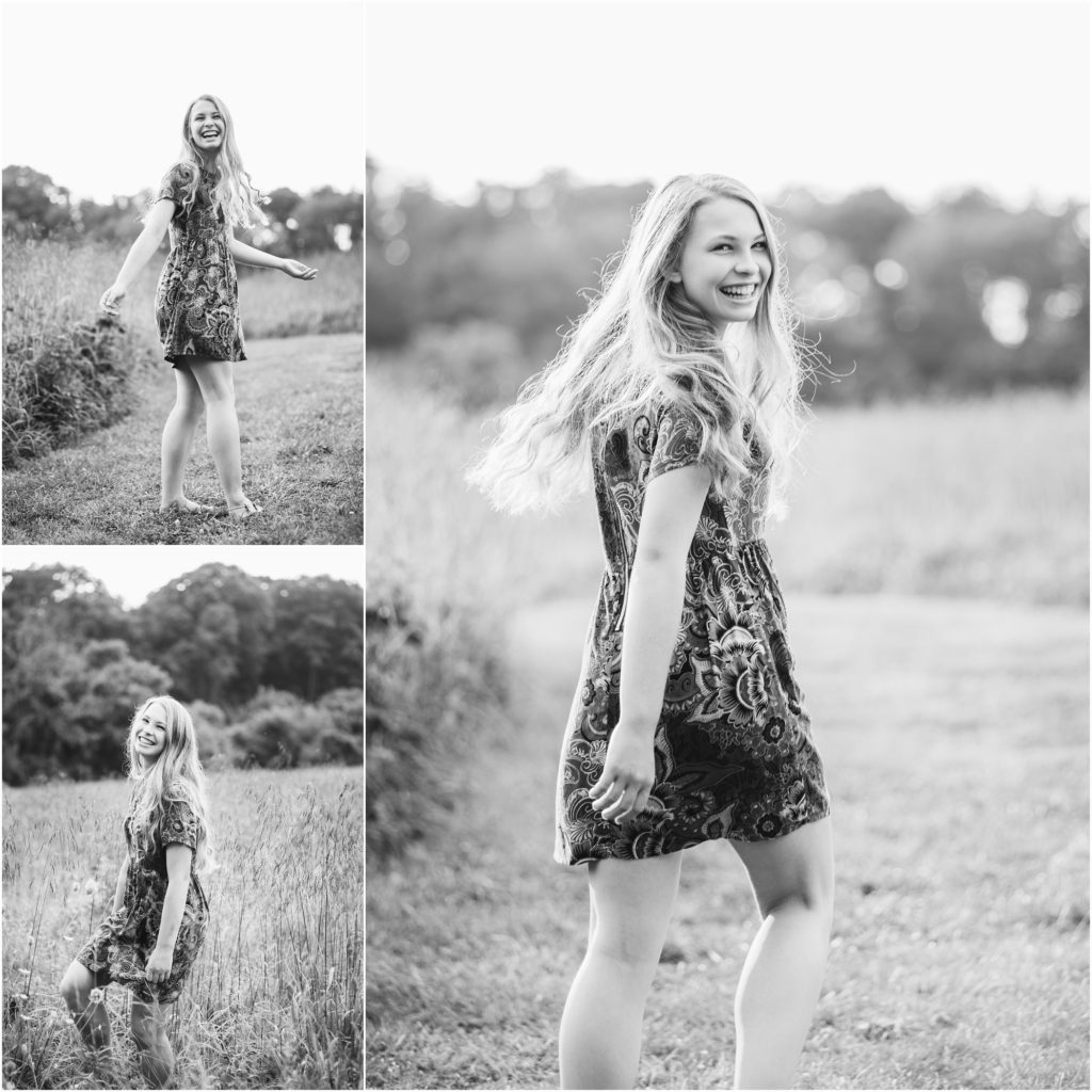 Black and White High school senior portraits of a girl in a field at sunset taken by Pittsburgh Senior Photographer, Laura Mares Photography