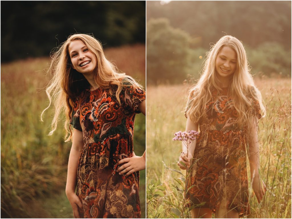 high school senior portraits of a girl in a field at sunset taken by Pittsburgh Senior Photographer, Laura Mares Photography