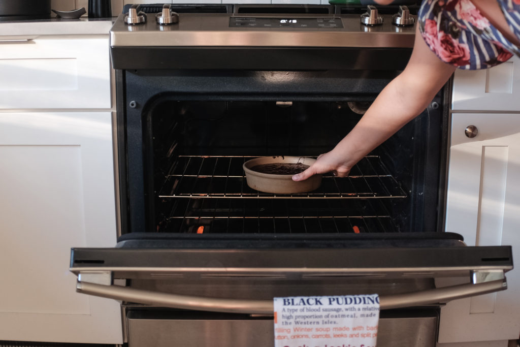 Photograph of paleo brownies going into the oven by Pittsburgh Lifestyle Photographer, Laura Mares Photography.