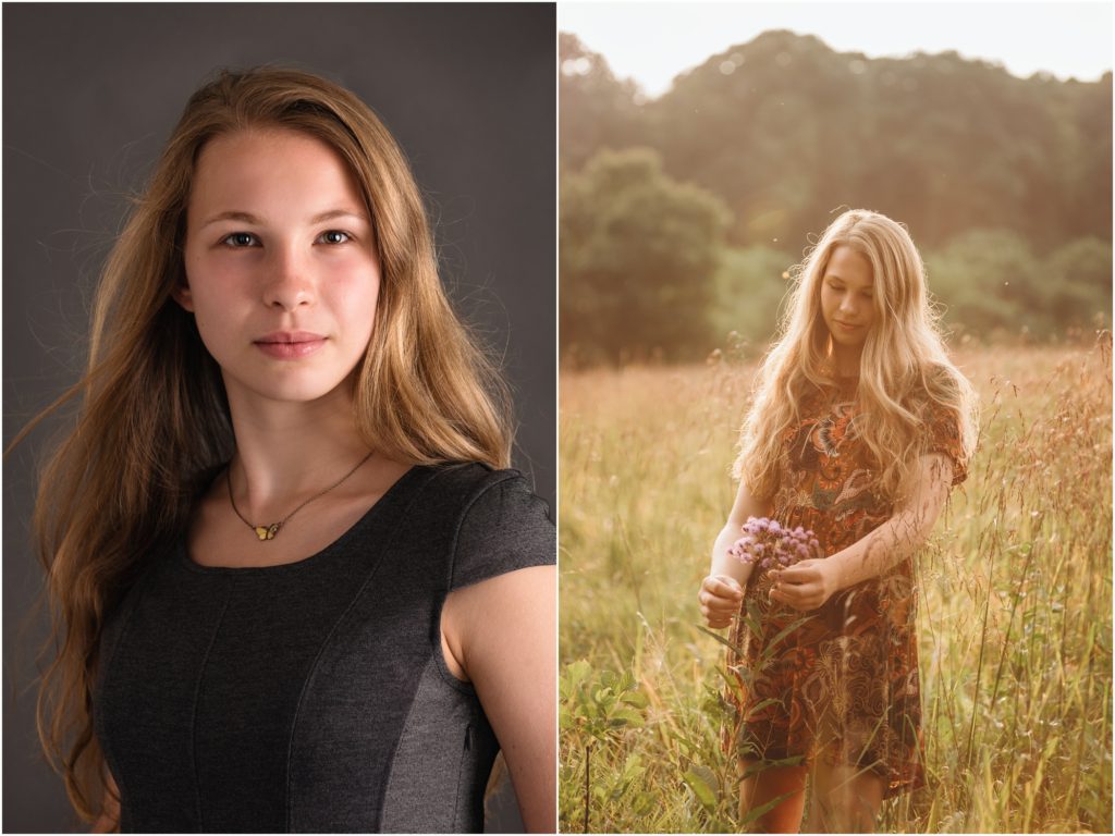 high school senior portraits (casual and formal) of a girl in a field at sunset taken by Pittsburgh Senior Photographer, Laura Mares Photography