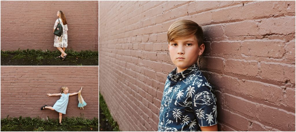 Children standing in front of a brick wall. Photo by Laura Mares Photography, Pittsburgh Child Photographer.
