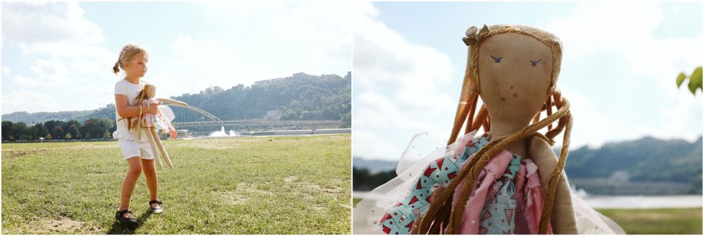 Ella and Tutu playing near Point State Park. Photo by Laura Mares Photography, Pittsburgh Lifestyle Photographer.