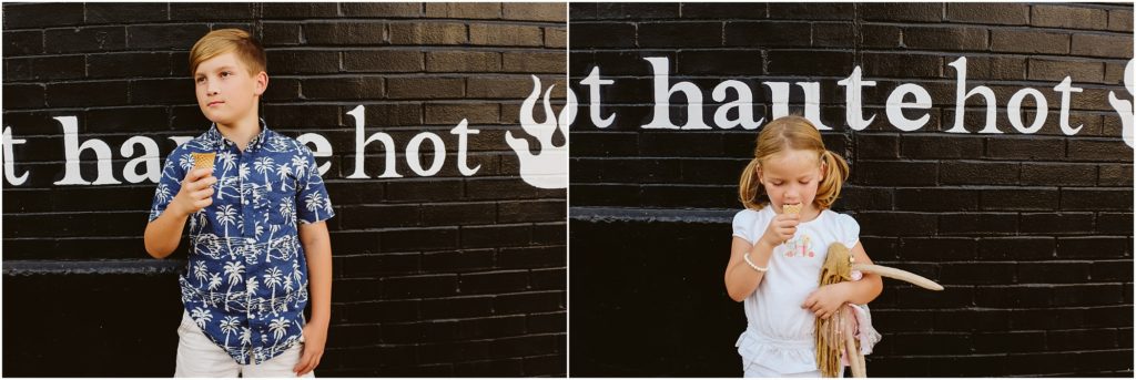 Children standing in front of a painted brick wall. Photo by Laura Mares Photography, Pittsburgh Child Photographer.