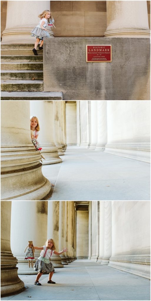 Girl playing around columns. Photo by Laura Mares Photography, Pittsburgh Lifetyle Photographer.