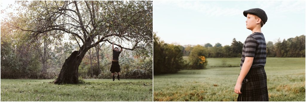 Child wearing a kilt at sunrise. Photo by Laura Mares Photography, Pittsburgh Child Photographer.