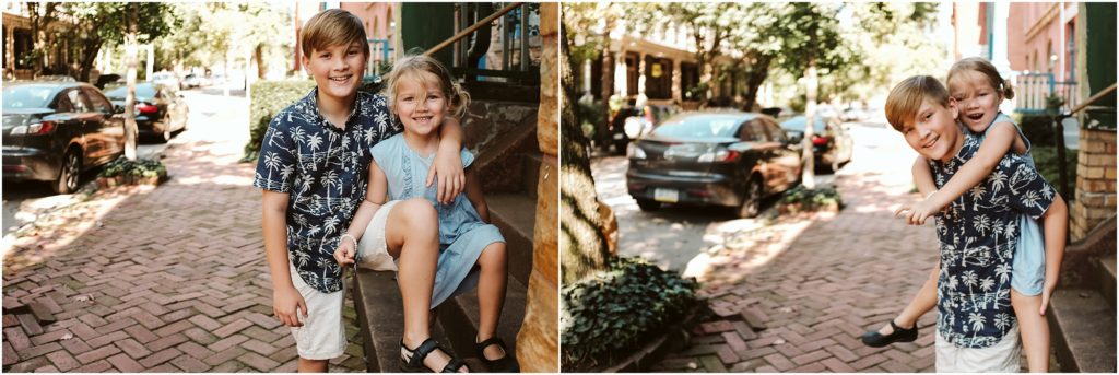 Siblings ridding biggie back style. Photo by Laura Mares Photography, Pittsburgh Child Photographer.