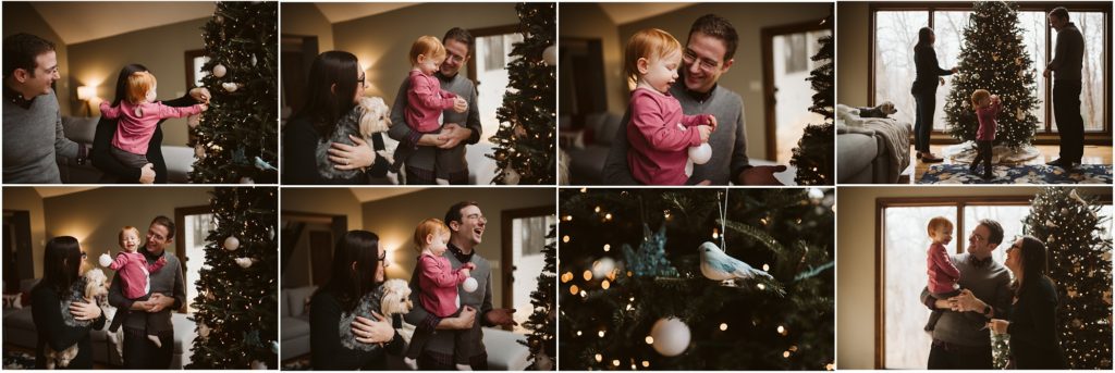 Family of three decorating their tree for Christmas. Photograph by Laura Mares Photography, Pittsburgh Lifestyle Photographer.