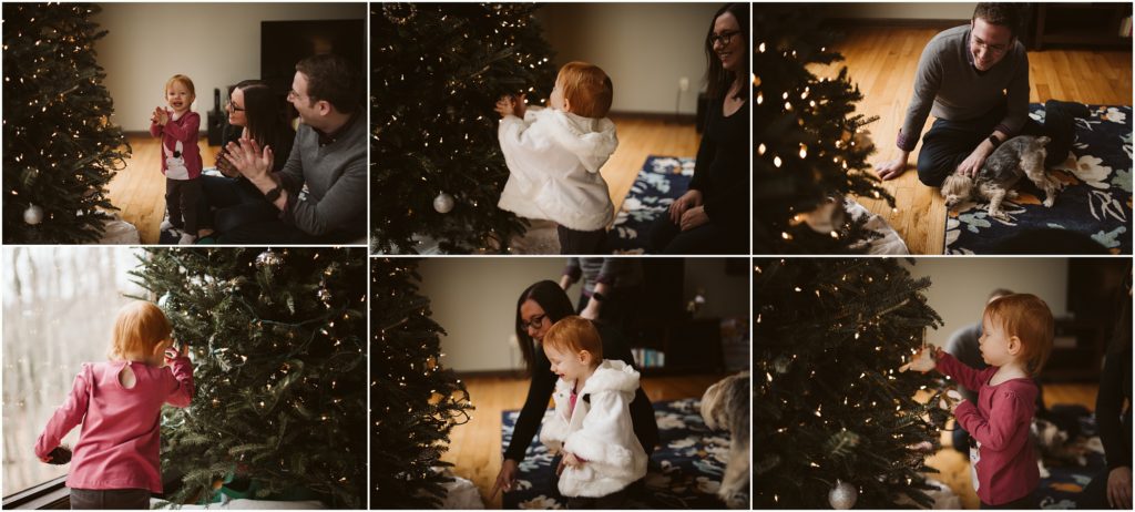 Family of three decorating their home for Christmas. Photograph by Laura Mares Photography, Pittsburgh Lifestyle Photographer.