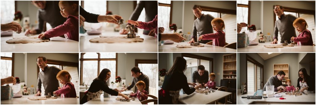 Family of three baking Christmas cookies. Photograph by Laura Mares Photography, Pittsburgh Lifestyle Photographer.