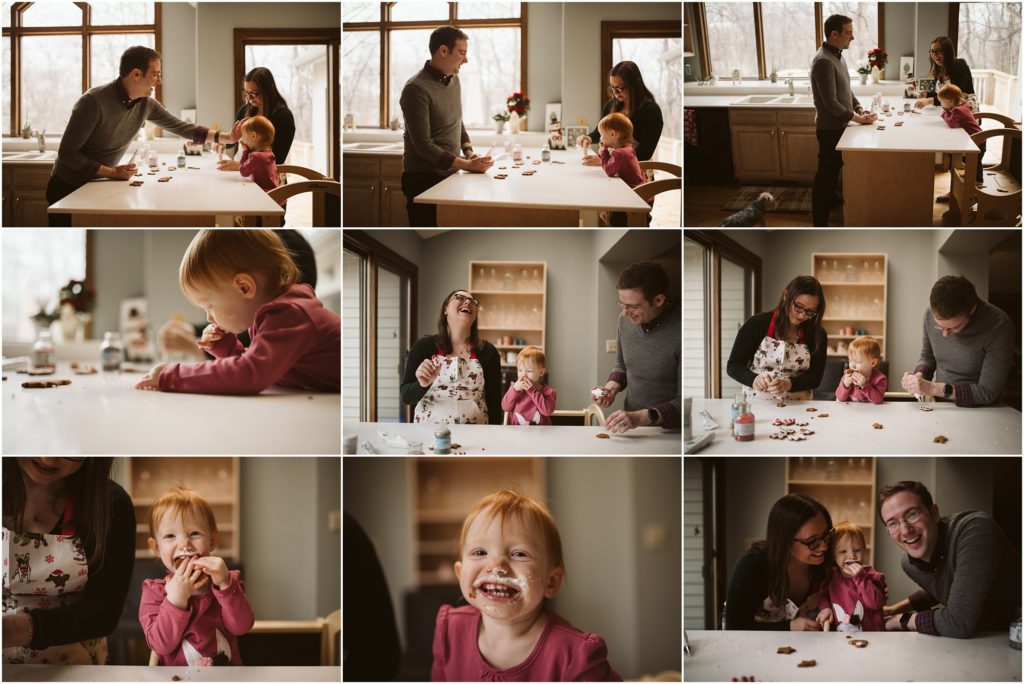 Family of three baking Christmas cookies. Photograph by Laura Mares Photography, Pittsburgh Lifestyle Photographer.