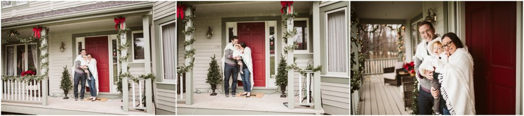 Family of three standing outside their home that is decorated for Christmas. Photograph by Laura Mares Photography, Pittsburgh Lifestyle Photographer.