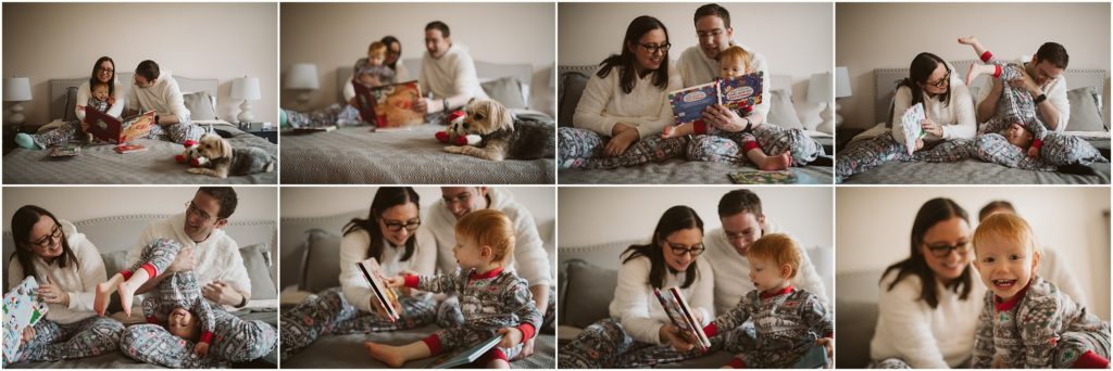 Family of three reading Christmas books in bed wearing matching pajamas. Photographs by Laura Mares Photography, Pittsburgh Lifestyle Photographer.