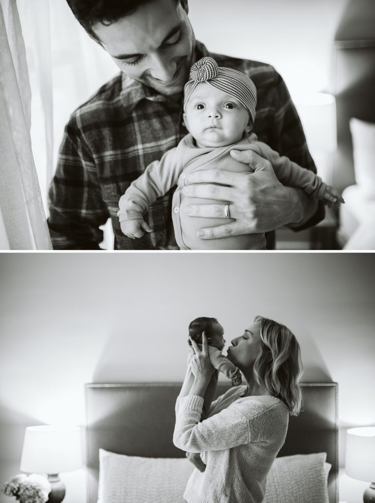 Pictures of a mom with her newborn and a dad holding his newborn. Photo by Laura Mares Photography, Pittsburgh Lifestyle Newborn Photographer.