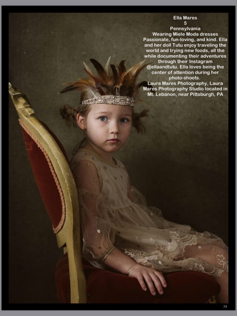 Portrait of a child sitting on a velvet chair. Portrait by Pittsburgh Child Photographer, Laura Mares Photography.