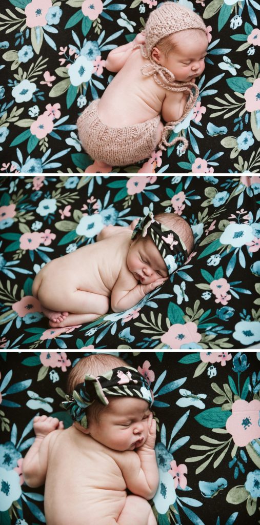 Newborn baby girl posed on a flower blanket. Newborn portrait by Laura Mares Photographer, Pittsburgh Newborn Photographer.