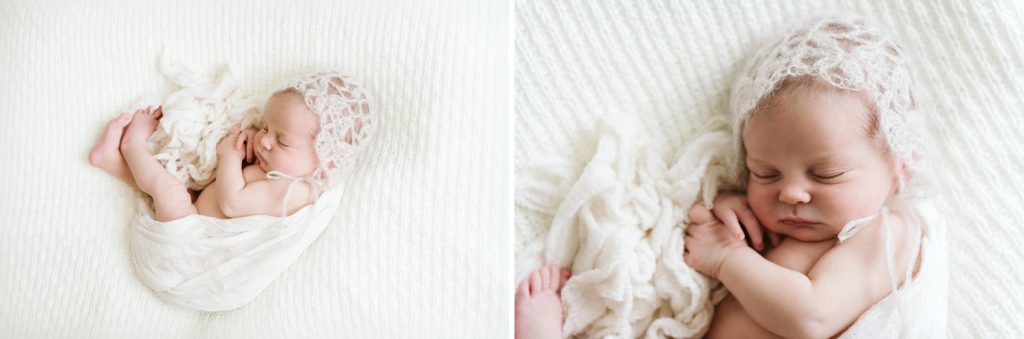 Newborn baby girl posed on a white blanket. Newborn portrait by Laura Mares Photographer, Pittsburgh Newborn Photographer.
