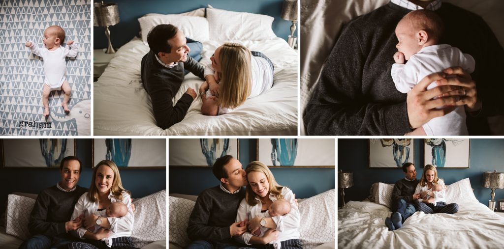 Family on the master bed with their newborn portraits. Pittsburgh Newborn Lifestyle Photographer, Laura Mares Photography.