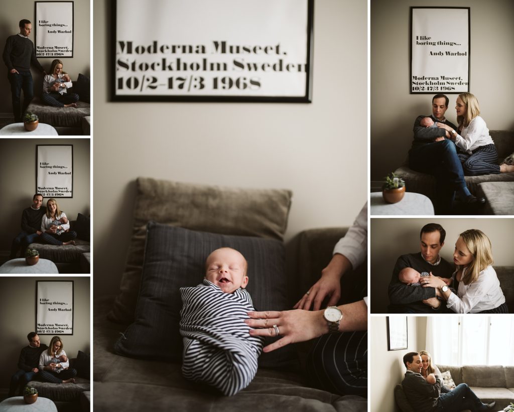 Newborn portraits featuring Warhol print. Pittsburgh Newborn Lifestyle Photographer, Laura Mares Photography.