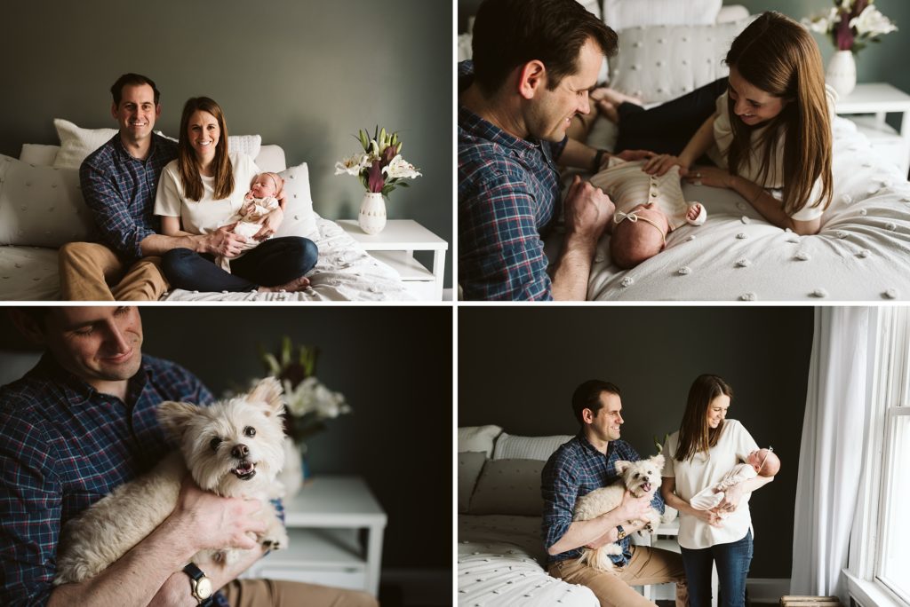 Newborn Lifestyle images of a family holding their newborn baby with their family dog near by. Portraits from a newborn lifestyle session with Laura Mares PHotography, a Pittsburgh Newborn Photographer.