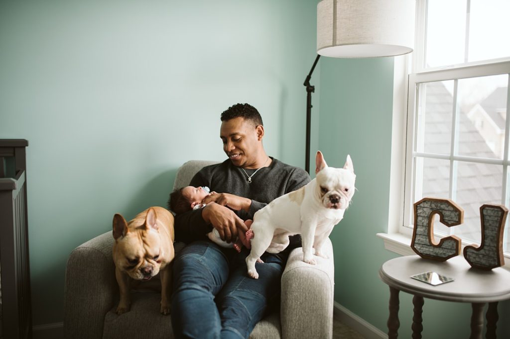 A newborn lifestyle image of a father sitting in a chair holding his newborn baby boy with his two dogs. Photo by Pittsburgh Newborn Lifestyle Photographer, Laura Mares Photography.