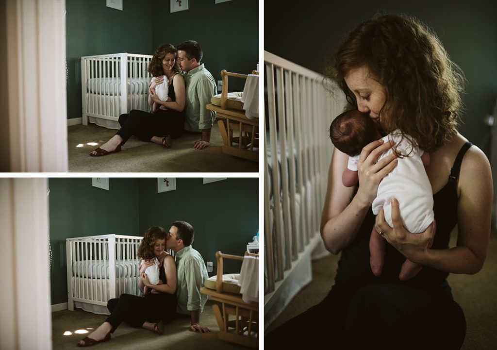 Lifestyle portrait of a family holding newborn baby in the nursery | Photo by Laura Mares Photography, Pittsburgh Lifestyle Newborn Photographer