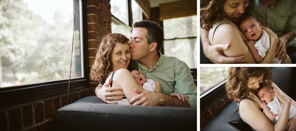 Lifestyle portrait of a family sitting holding newborn baby with beautiful window light | Photo by Laura Mares Photography, Pittsburgh Lifestyle Newborn Photographer