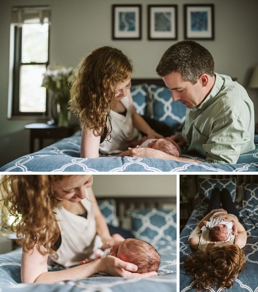 Lifestyle portrait of a family sitting on their bed with their baby | Photo by Laura Mares Photography, Pittsburgh Lifestyle Newborn Photographer