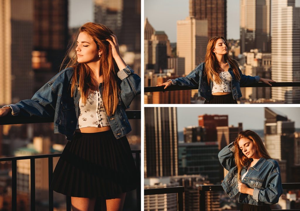 Senior portraits of a beautiful girl standing on Mt. Washington at sunset. Portraits by Laura Mares Photography, Pittsburgh Senior Photographer.