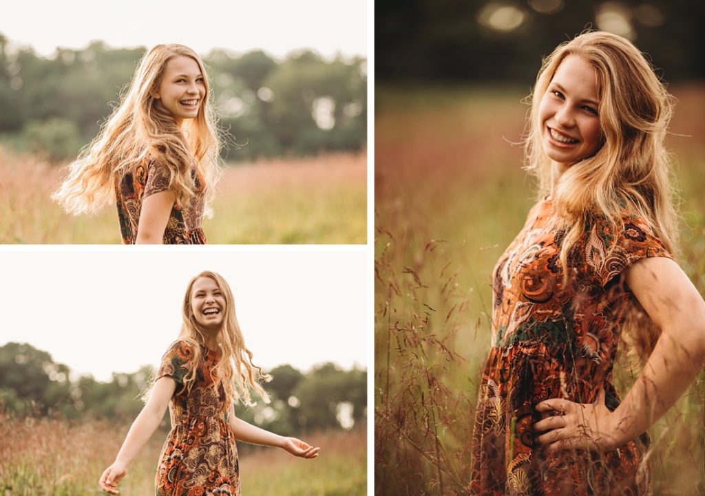 Senior portraits of a beautiful girl standing in a field at sunset. Portraits by Laura Mares Photography, Pittsburgh Senior Photographer.