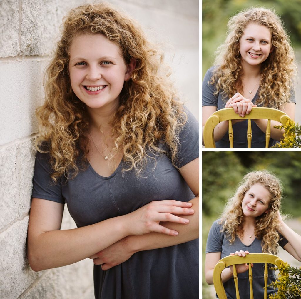 Senior portraits of a beautiful girl sitting on a yellow chaire. Portraits by Laura Mares Photography, Pittsburgh Senior Photographer.