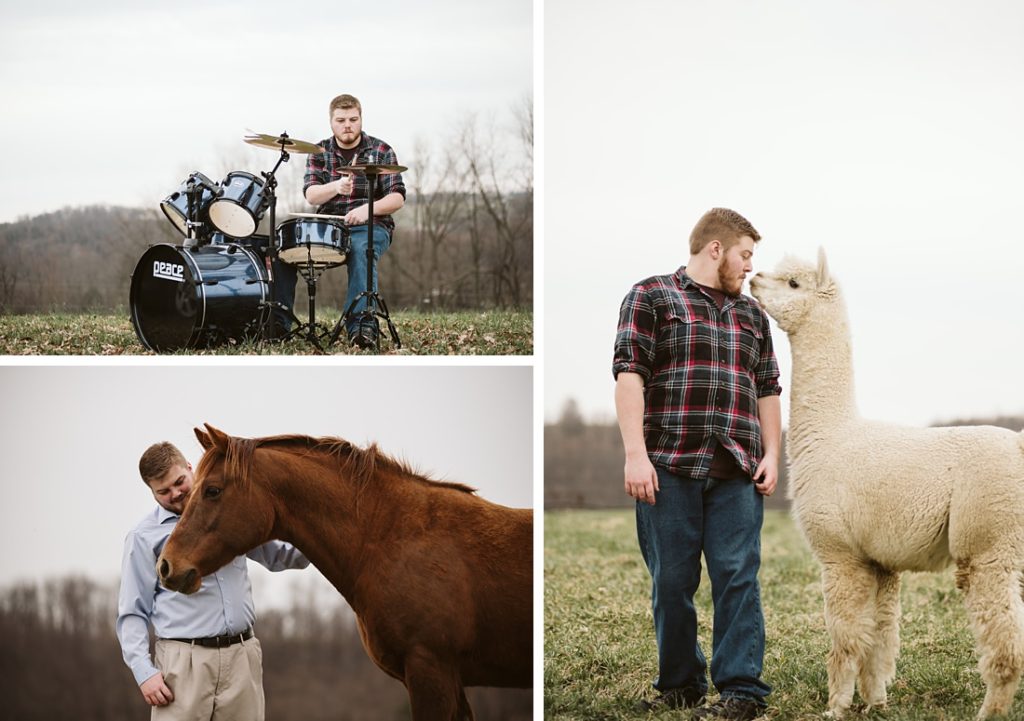 Senior portraits of a handsome guy posing for portraits on an alpaca farm. Portraits by Laura Mares Photography, Pittsburgh Senior Photographer.