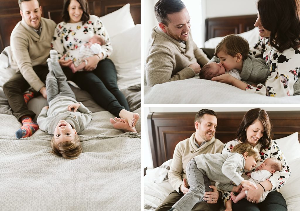 Newborn lifestyle images of siblings laying on a bed. Photos by Laura Mares Photography, Pittsburgh Newborn Lifestyle Photographer.