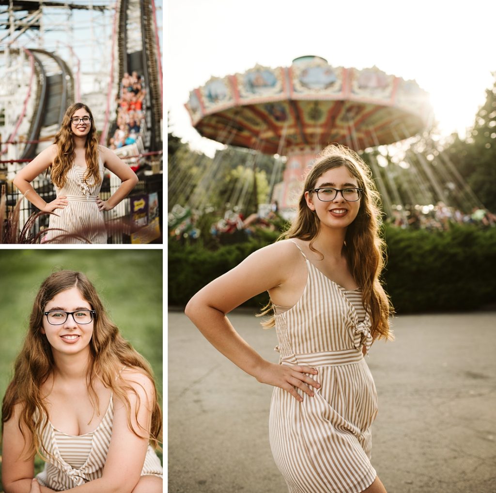 Senior photos of a high school girl at Kennywood amusement park. Portraits taken my Laura Mares Photography.