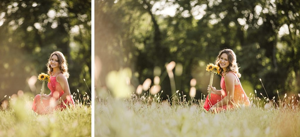Portraits of a high school senior girl sitting on a rustic field at sunset. Photo by Laura Mares Photography, Pittsburgh Senior Photographer.