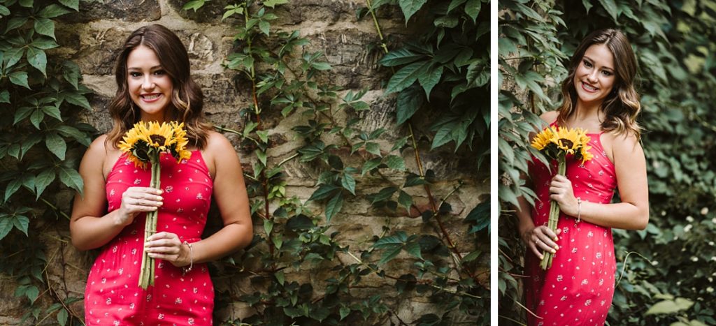 Portraits of a high school senior girl standing near an ivy covered stone wall. Photos by Laura Mares Photography, Pittsburgh Senior Photographer.