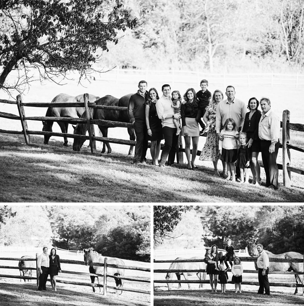 Black and white portraits of a family near horses. Photo by Laura Mares Photography, Pittsburgh Family Photographer.