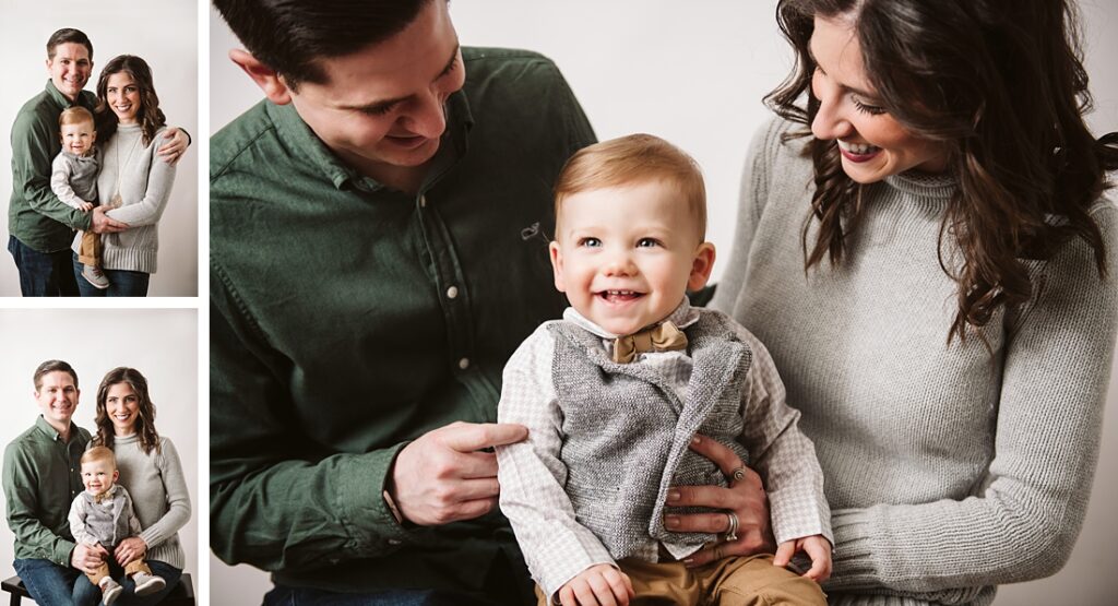 family of three, admiring their 1st birthday boy. Photo by Laura Mares Photography, Pittsburgh Baby Photographer.