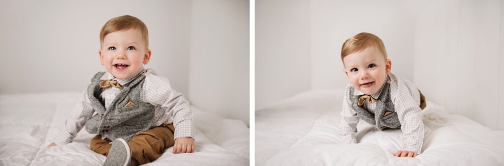 1st birthday boy sitting for photos during his portrait session. Photo by Laura Mares Photography, Pittsburgh Baby Photographer.