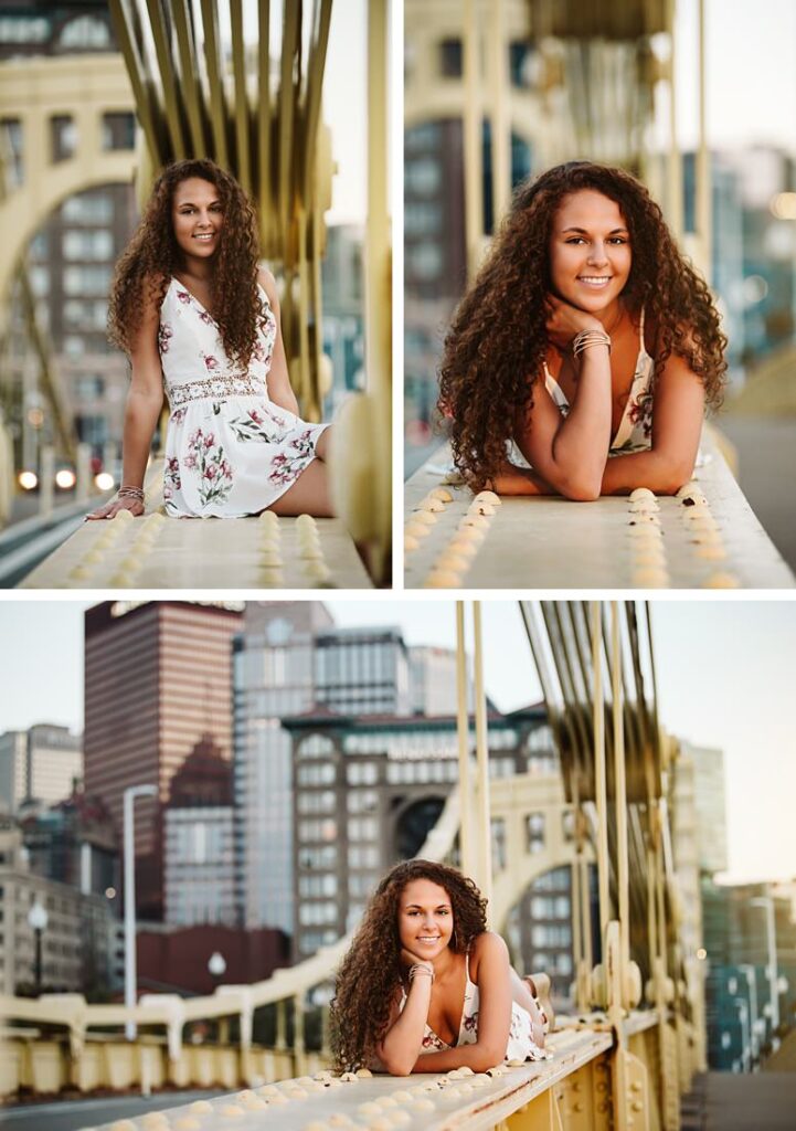 High school senior girl on the Roberto Clemente Bridge in Pittsburgh, PA during sunset