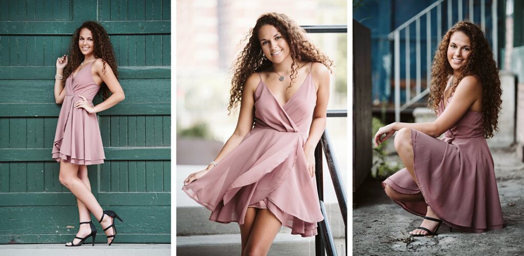 High school senior girl posing for senior photos in a pink dress in downtown Pittsburgh