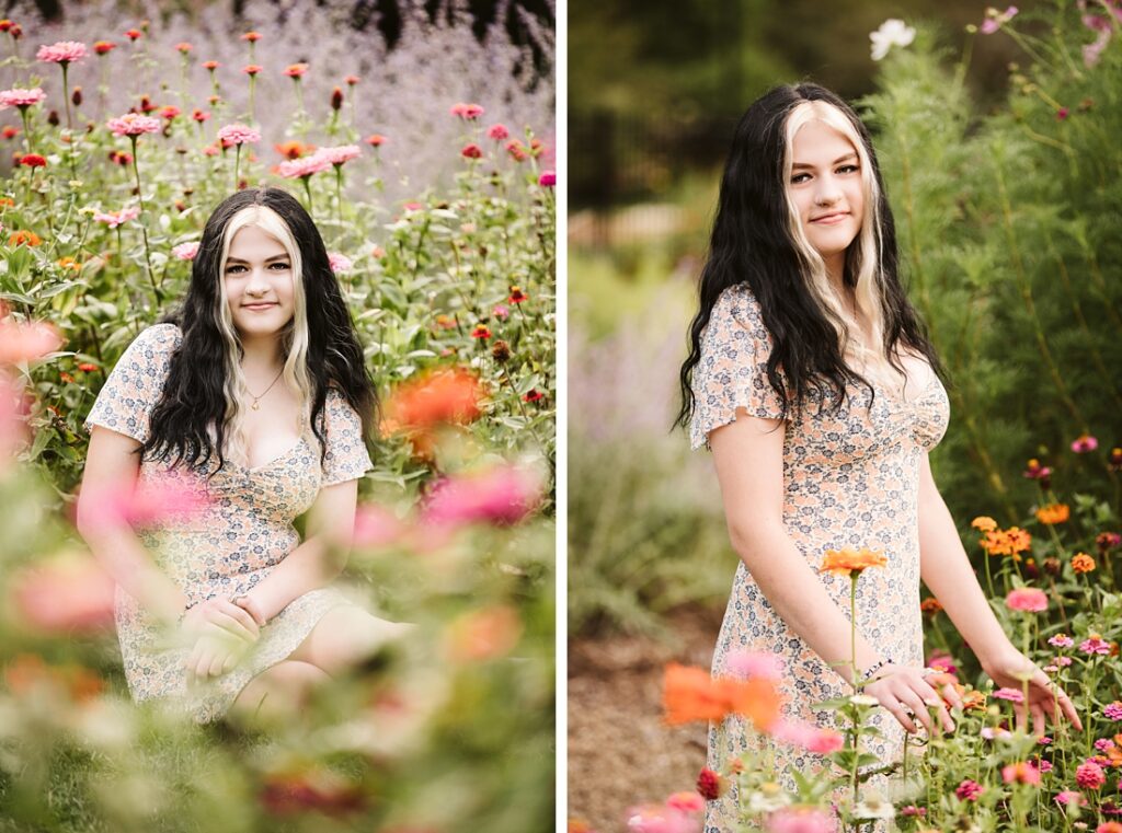 High school senior girl posing among flowers at Hardwood Acres.