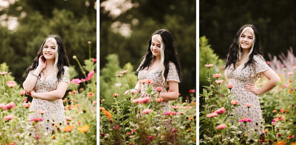 High school senior girl standing in a flower garden at sunset