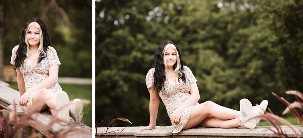 Senior photos of a girl sitting on a wall at Hartwood Acres Mansion