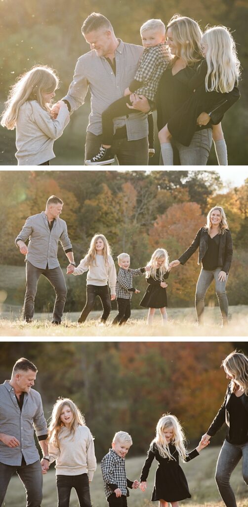 a family on a rural field dancing and having fun together