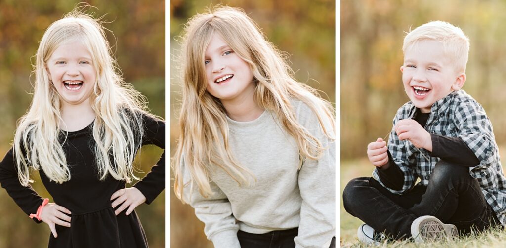 three children laughing during a family photo session