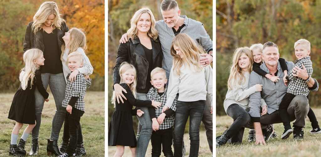 family of 5 posing for portraits on a rural field